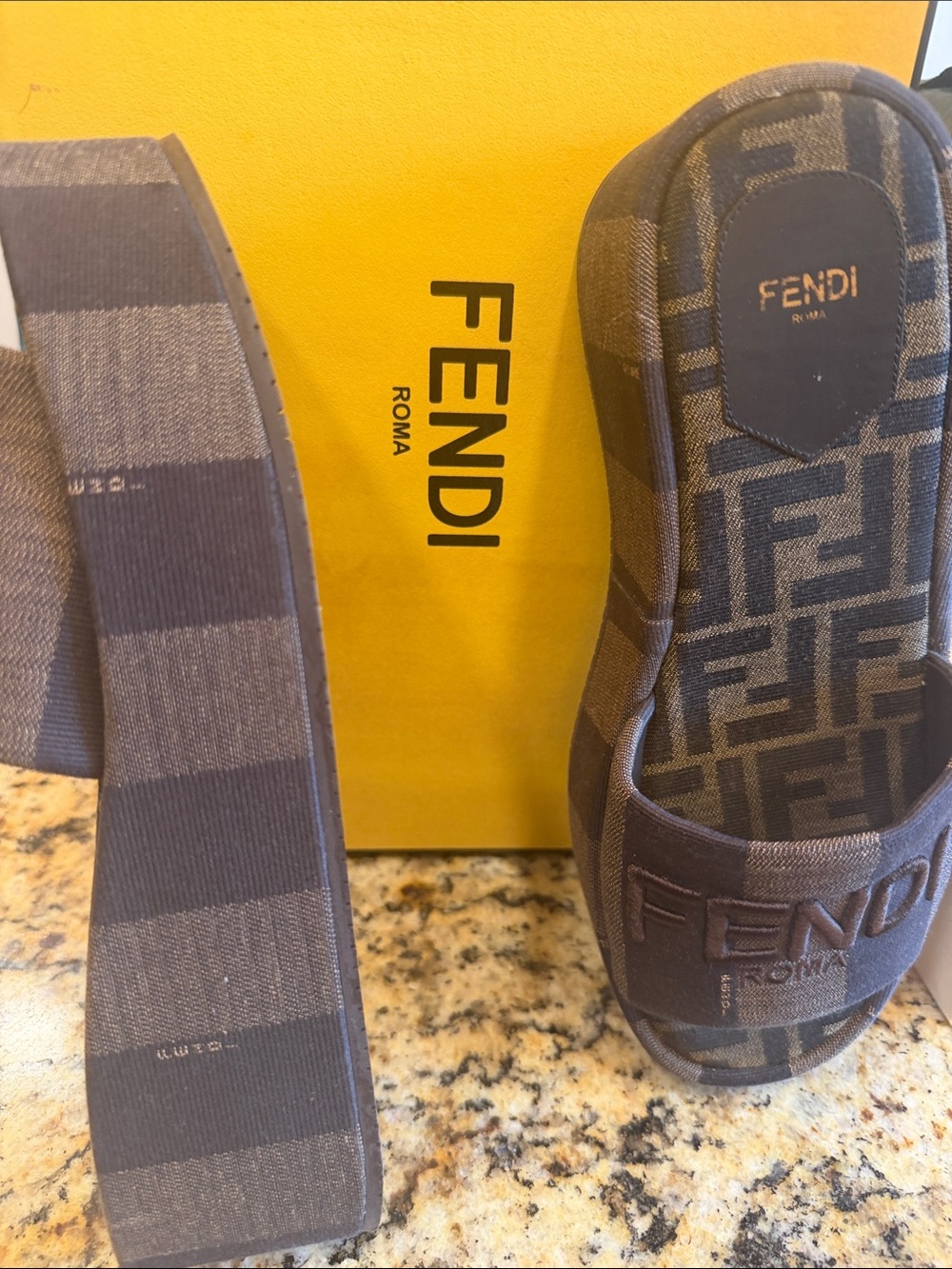 Fendi Brown Striped Platform Slide with Logo Strap - Picture 2 of 5